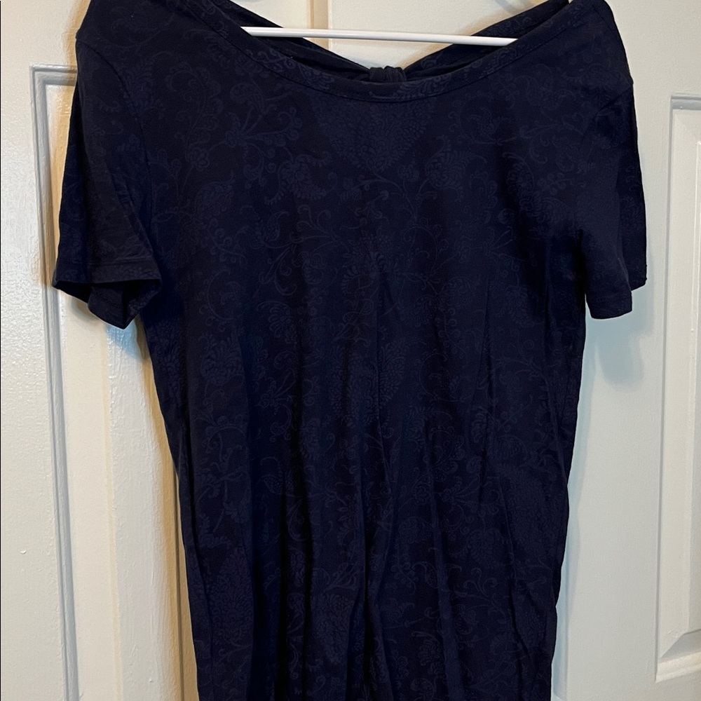 Lucky Brand Navy Blue Floral Swoop Neck T Shirt Bow Back Size S 100%‎ Cotton